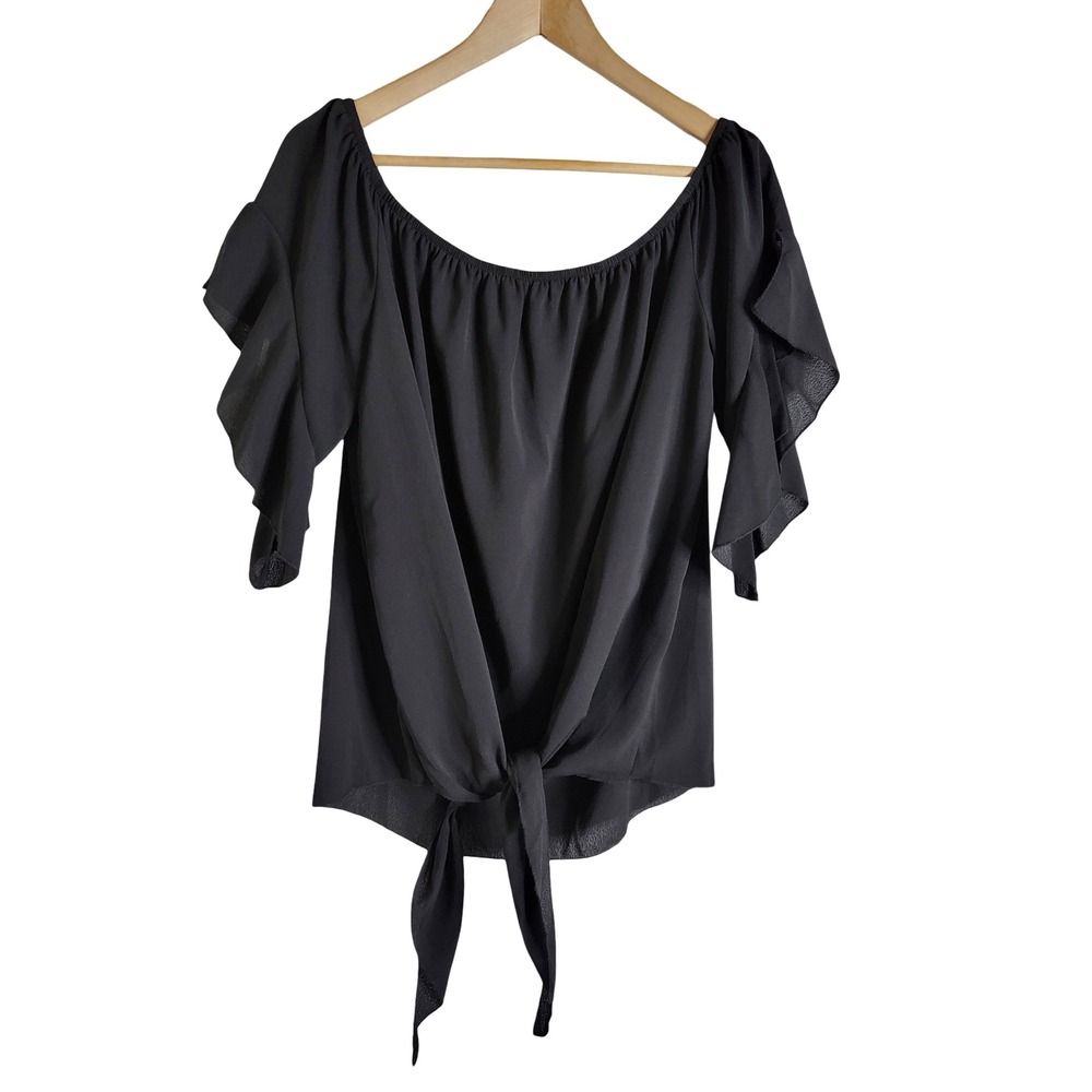 Luckymore Black Off Shoulder Ruffle Sleeve Tie Front Blouse 2XL Whimsigoth